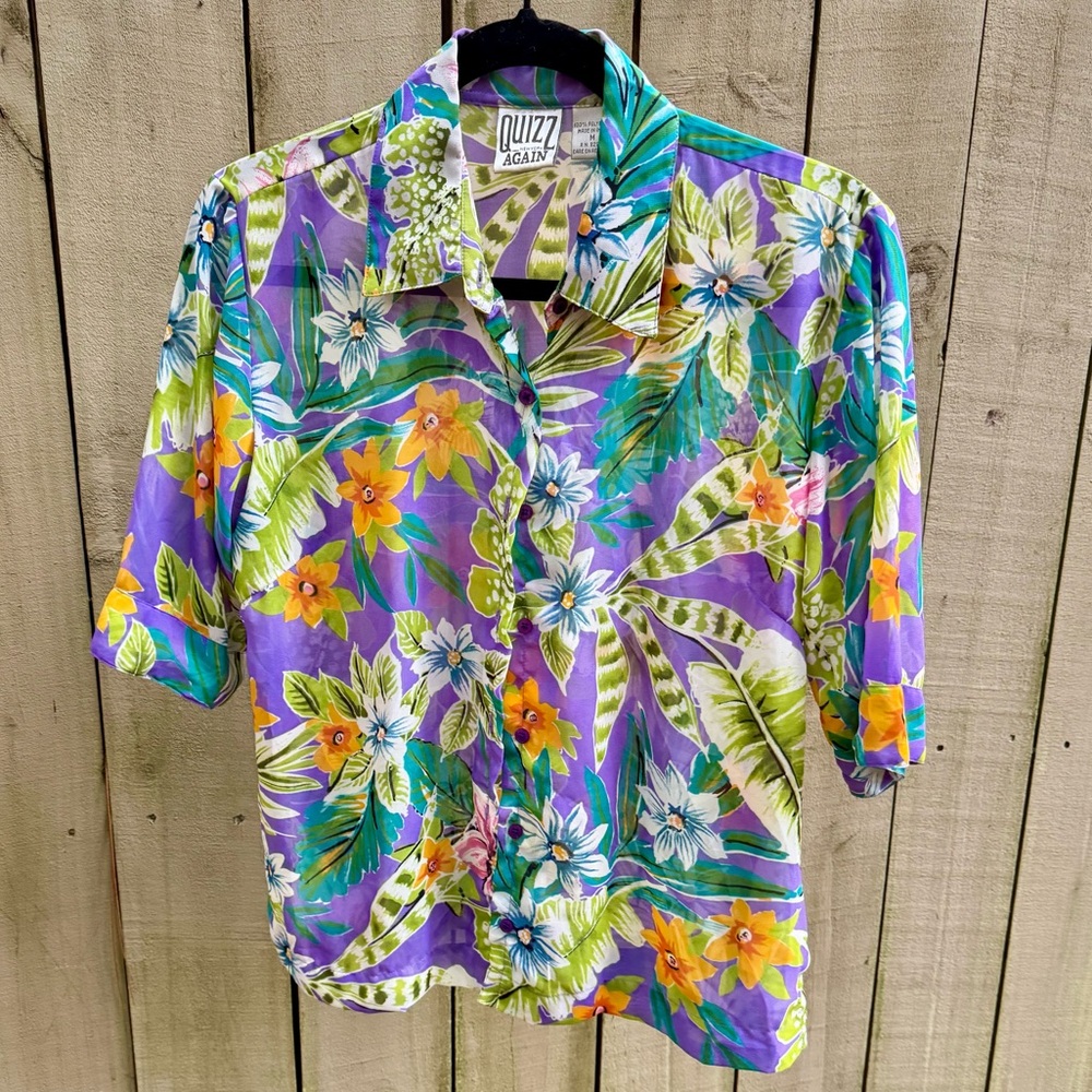 Vintage Quizz Again Floral Hawaiian Purple Blouse